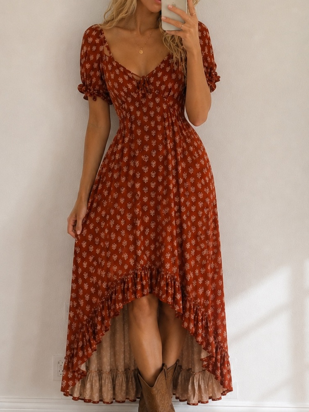 Patrons of Peace Rust Floral High-Low Midi Dress